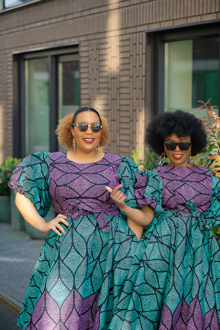 NEFERTITI BLUE AND PURPLE FLARE DRESS