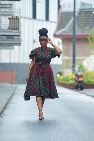 LANRE GREEN AND RED MIDI DRESS.