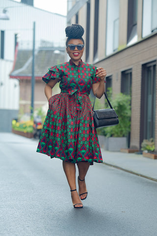 LANRE GREEN AND RED MIDI DRESS.