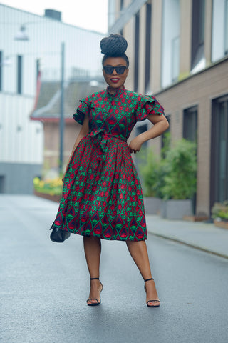 LANRE GREEN AND RED MIDI DRESS.