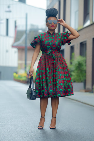 LANRE GREEN AND RED MIDI DRESS.