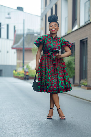 LANRE GREEN AND RED MIDI DRESS.