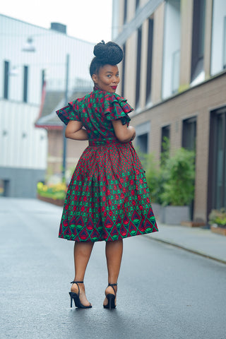 LANRE GREEN AND RED MIDI DRESS.