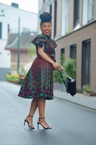 LANRE GREEN AND RED MIDI DRESS.