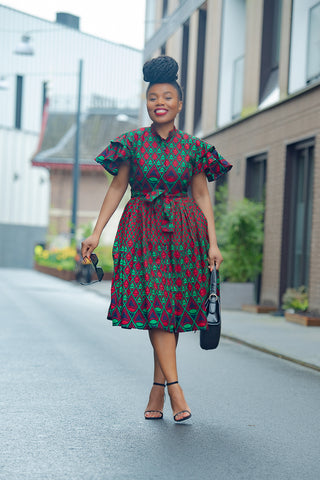 LANRE GREEN AND RED MIDI DRESS.