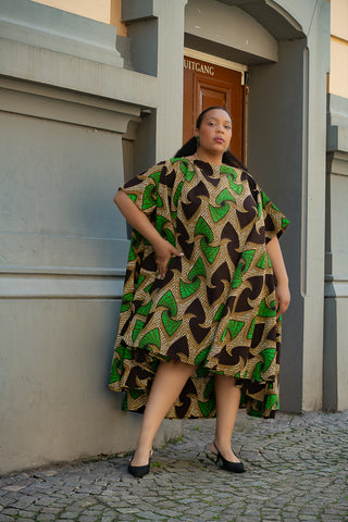 KENYA GREEN AND BLACK HI LOW  DRESS