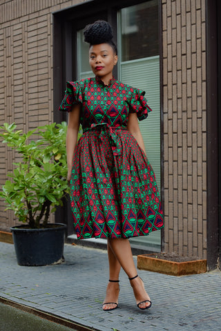 LANRE GREEN AND RED MIDI DRESS.