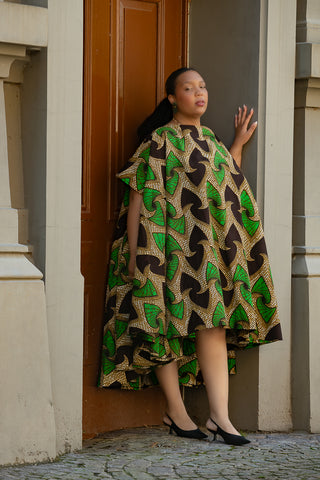 KENYA GREEN AND BLACK HI LOW  DRESS