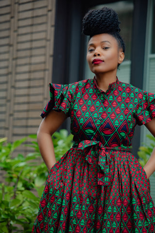 LANRE GREEN AND RED MIDI DRESS.