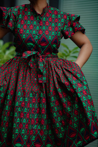 LANRE GREEN AND RED MIDI DRESS.