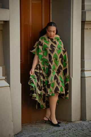 KENYA GREEN AND BLACK HI LOW  DRESS