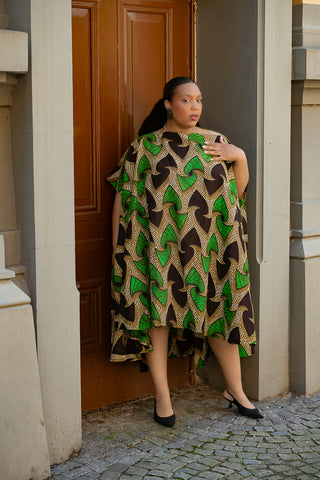 KENYA GREEN AND BLACK HI LOW  DRESS