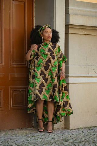 KENYA GREEN AND BLACK HI LOW  DRESS