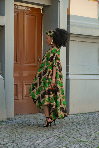 KENYA GREEN AND BLACK HI LOW  DRESS