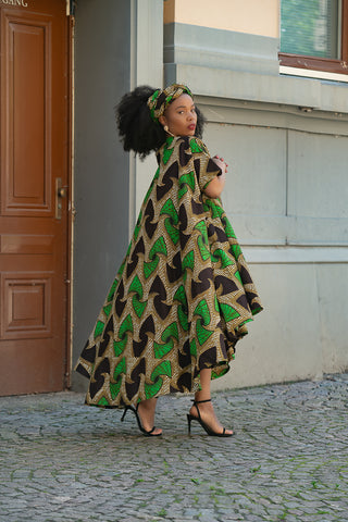 KENYA GREEN AND BLACK HI LOW  DRESS