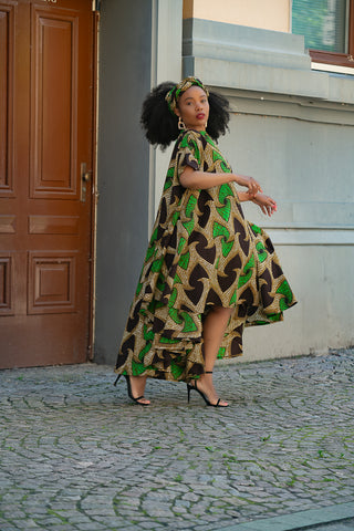 KENYA GREEN AND BLACK HI LOW  DRESS