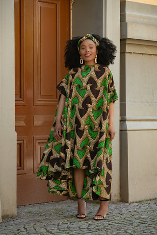 KENYA GREEN AND BLACK HI LOW  DRESS