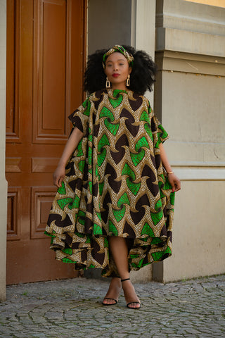 KENYA GREEN AND BLACK HI LOW  DRESS