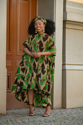 KENYA GREEN AND BLACK HI LOW  DRESS