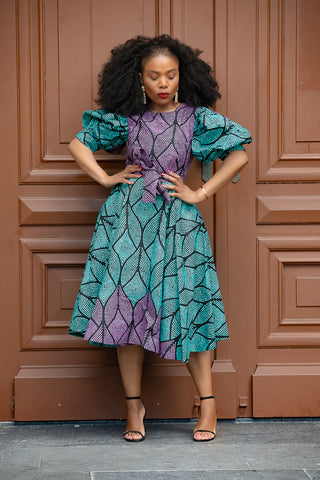 NEFERTITI BLUE AND PURPLE FLARE DRESS