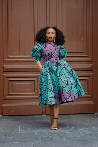 NEFERTITI BLUE AND PURPLE FLARE DRESS