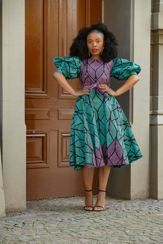 NEFERTITI BLUE AND PURPLE FLARE DRESS