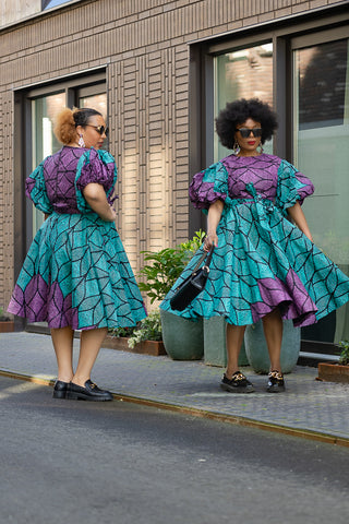 NEFERTITI BLUE AND PURPLE FLARE DRESS