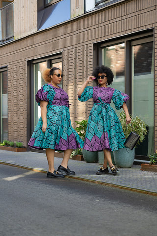 NEFERTITI BLUE AND PURPLE FLARE DRESS