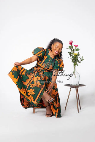 Fatima Midaxi Green And Orange Dress Apparel & Accessories