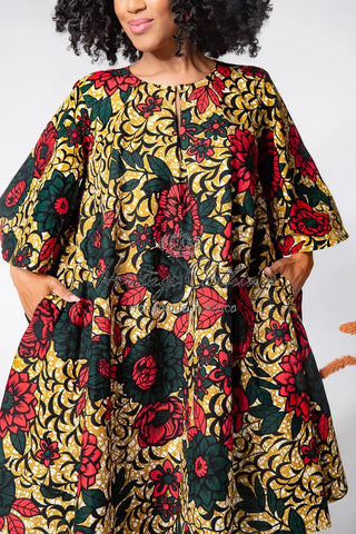 Hamza Green And Red Floral Dress Dresses