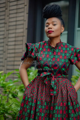 Lanre Green And Red Midi Dress. Dresses