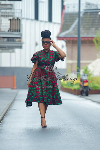 Lanre Green And Red Midi Dress. Dresses