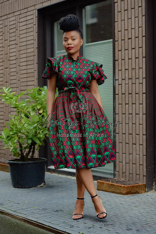 Lanre Green And Red Midi Dress. Dresses