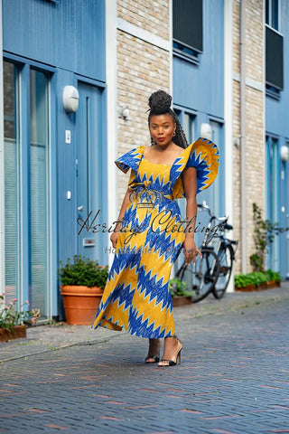 Maya Blue And Gold Invisible Slit Dress Dresses