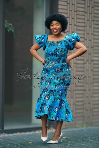 Nomfundo Blue Midi Smocked Dress