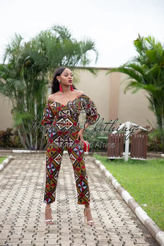 ODETTE AFRICAN PRINT POWER SLEEVE OFF SHOULDER JUMPSUIT