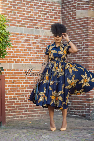 Thandiwe Navy Blue And Brown Midi Dress Dresses