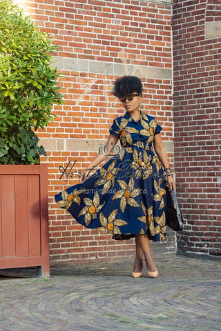 Thandiwe Navy Blue And Brown Midi Dress Dresses