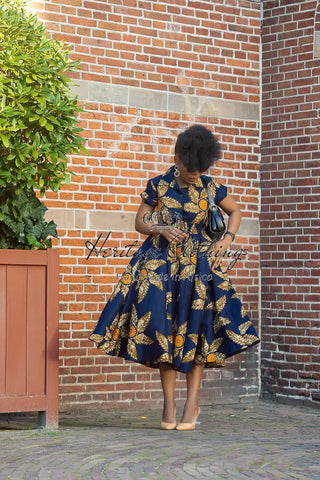 Thandiwe Navy Blue And Brown Midi Dress Dresses