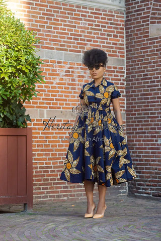 Thandiwe Navy Blue And Brown Midi Dress Dresses