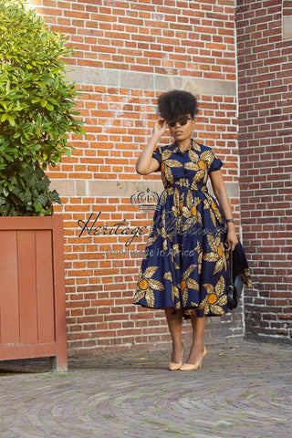 Thandiwe Navy Blue And Brown Midi Dress Dresses