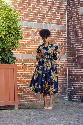 Thandiwe Navy Blue And Brown Midi Dress Dresses