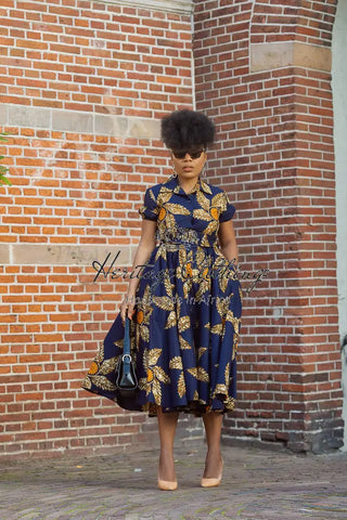 Thandiwe Navy Blue And Brown Midi Dress Dresses