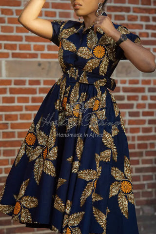 Thandiwe Navy Blue And Brown Midi Dress Dresses