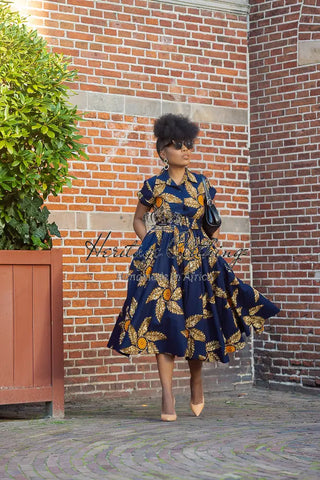 Thandiwe Navy Blue And Brown Midi Dress Dresses