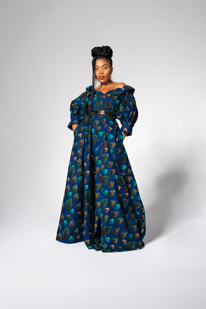 ANAN GREEN OFF-SHOULDER MAXI DRESS - Heritage Clothings
